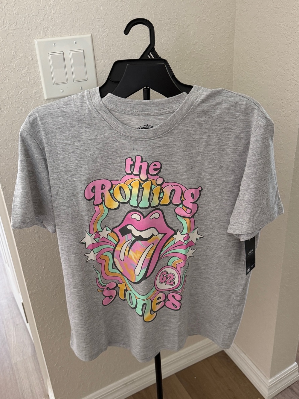 the Rolling Stones Gray Tee with Pastel Multicolor Tongue Graphic